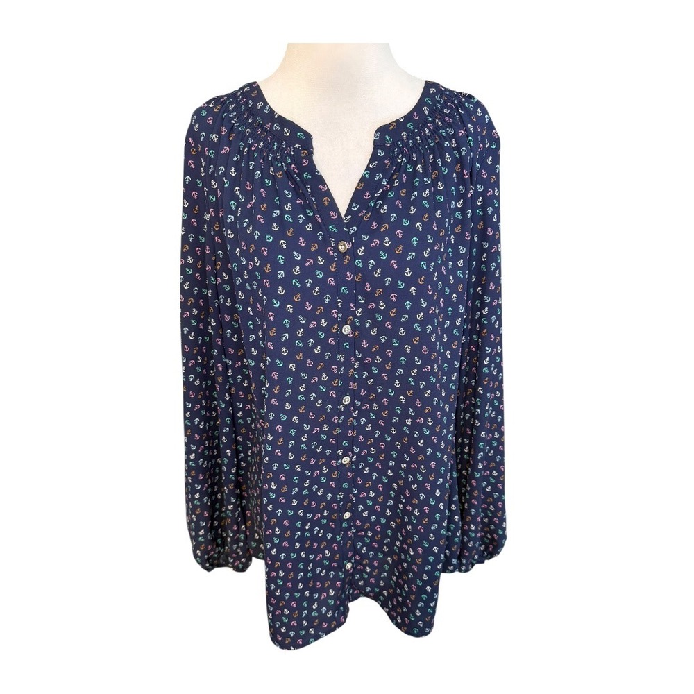 Talbots Women's Navy Blue Anchor Print Split Neck Button Front Blouse Size Large